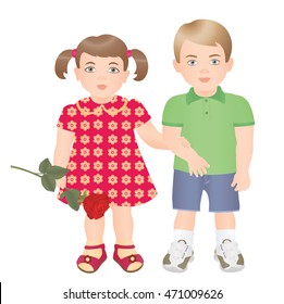 The girl with rose standing on the arm of the boy. Vector illustration