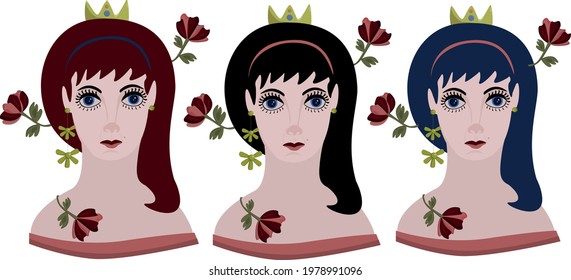 Girl in roses. With a crown on his head. Different hair colors.