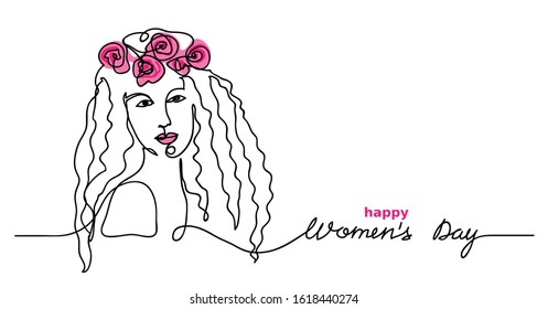 Girl with roses flower wreath vector sketch. Happy Women's day lettering.  March 8 greeting for web design, background, card. One continuous line face drawing of  beautiful woman.