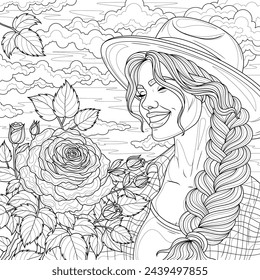 Chica y rosas. Libro de colorear antiestrés para niños y adultos. Ilustración aislada sobre fondo blanco. Dibujo a mano