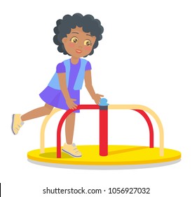 Girl rotate on carousel, colorful vector illustration of swinging merry-go-round carousel for children on playground isolated on white background.