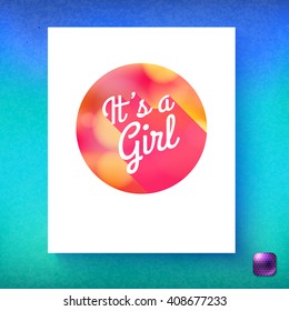 Its a girl round blank card announcement template in white rectangle with copy space over blue and green gradient next to small purple button