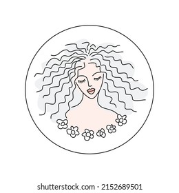 girl round logo. hairstyle, female face. emblem beauty salon. young woman face - web avatar. concept - cosmetology