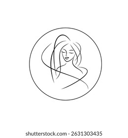 girl round logo made of thin lines in flat style. young woman minimalist brush drawing, sketch made of delicate lines. icon motherhood, beauty salon, cosmetology