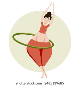 Ein Mädchen mit runden Formen spielt Sport, dreht einen Hula Hoop Reifen. Vektorillustration