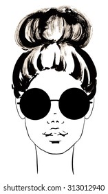 Girl in round sunglasses and hairstyle