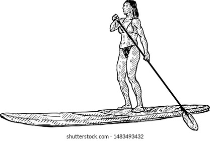 A girl rowing on a paddle board. Hand drawn vector illustration. 