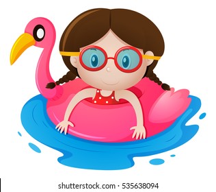 Girl in rubber float shaped like flamingo illustration