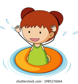 A girl with rubber ring doodle cartoon character isolated illustration