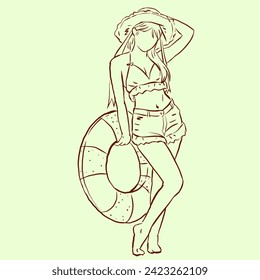 A girl with rubber ring vector for illustration, card, decoration