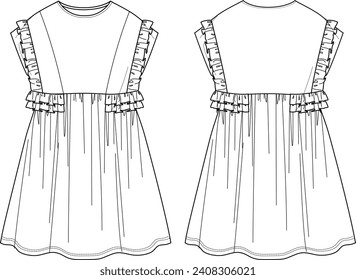 girl ruffle pleated summer dress technical drawing vector	