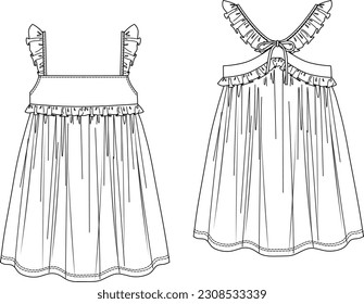 	
girl ruffle pleated tie back summer dress technical drawing vector	
