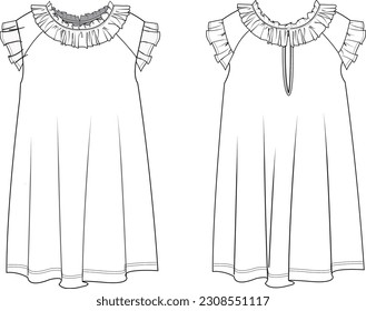 vestido de manga de rufa de chica con vector de dibujo técnico de cuello de rizo