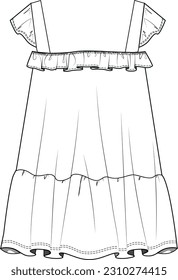 girl ruffle,strap shoulder summer dress technical drawing vector
