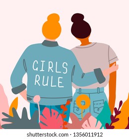 Girl rule. Cute card with bright graphic slogan. Cute vector illustration with lettering. Two girls hug their backs