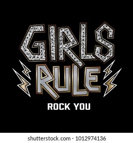 Girl rule Graphic tee with glitter.  Fashion slogan outfit teens t-shirt for printed. Girl Gang patches, badges. Typography design artwork vector illustration.