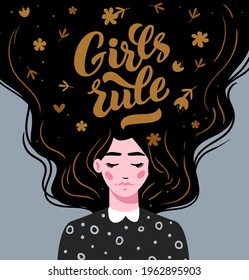 Girl Rule. Vector lettering. Girl with long hair with text. Hand drawn long hair beautiful girl. Modern vector illustration. Template for cards, greetings, flyer, banner.