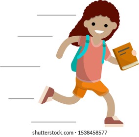 Girl run with book. Student goes to school with backpack and late for lesson. Woman in red clothes. Happy child. Cartoon flat illustration