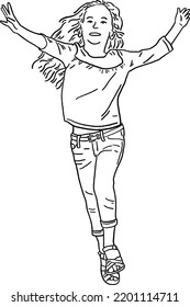Girl run catch up Happy kid Hand drawn line art illustration