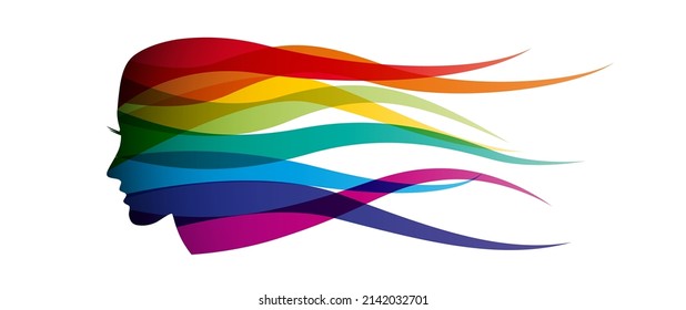 Girl run fast in the wind. Female head in silhouette with rainbow colored hair. Vector template