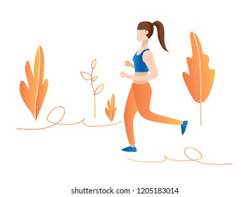 girl run in forest concept illustration. Girl jogging in the park. Flat design.