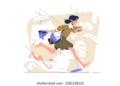 Girl run in hurry to work vector illustration. Jogging adult character running down street barefoot flat style. Rush, late, hectic concept