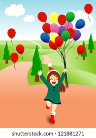 girl run and jump with balloons in her hand on green meadow