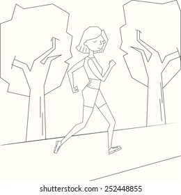 Girl run morning street black and white vector illustration