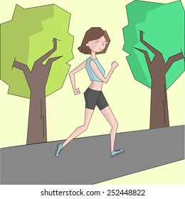 Girl run morning street color vector illustration