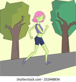 Girl run morning street vivid color vector illustration