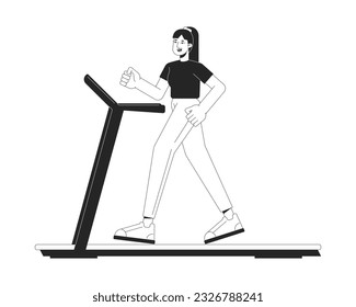 Girl run on treadmill flat line black white vector character. Editable outline full body sportswoman. Sport in gym simple cartoon isolated spot illustration for web graphic design