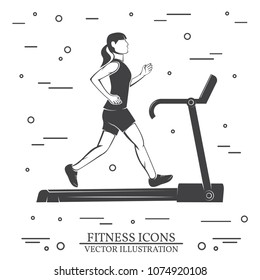 Girl run on the treadmill machine. Vector illustration. For fitness centers emblems, gym signs, others related health and gym business. Fitness girl working out in gym. Exercising on treadmill