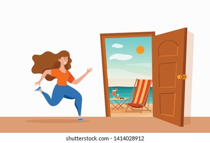 Girl run to open door summer sun beach sea vector cartoon concept. Happy woman escape from the office work in hurry to emergency exit colorful illustration. Summer vacation travelling free lady