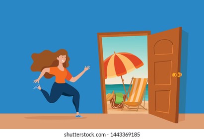 Girl run to open door summer sun beach sea vector cartoon concept. Happy woman escape from the office work in hurry to emergency exit colorful illustration. Summer vacation travelling free lady