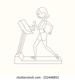 Girl run treadmill black and white color vector illustration