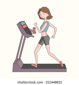 Girl run treadmill color vector illustration