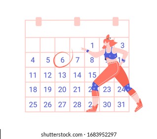 Girl runner athlete in sportswear next to the calendar. Preparing for the marathon, achieving goals on time. Vector flat illustration.