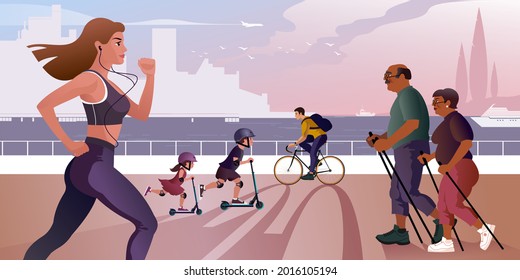 Girl runner. Elderly people practice Nordic walking. Children on roller skates and bicyclist ride along the city embankment. Isolated Vector illustration for mockup or flat design advertising banner.