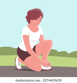 Girl runner tying shoelaces on sneakers before running. Outdoor park. Sports training run. Active and healthy lifestyle. Cartoon vector illustration svg