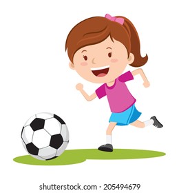 Girl running after soccer ball. Soccer girl running to kick a ball.