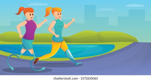 Girl running artificial limbs concept banner. Cartoon illustration of girl running artificial limbs vector concept banner for web design
