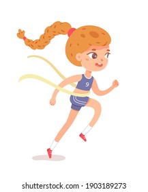 Girl running in athletics competition. Happy kid doing exercise and sport vector illustration. Child athlete runs race smiling isolated on white background. Healthy lifestyle.