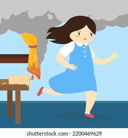 girl running away from a burning curtain
