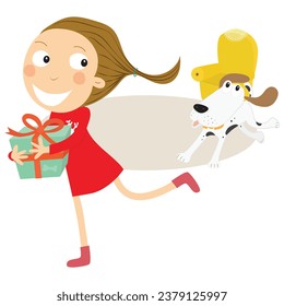 Girl running away from dog with his Christmas gift. Vector Illustration.