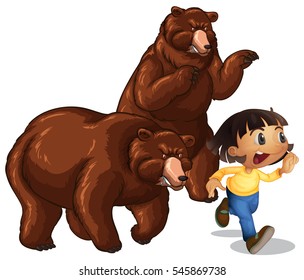 Girl running away from grizzly bears illustration