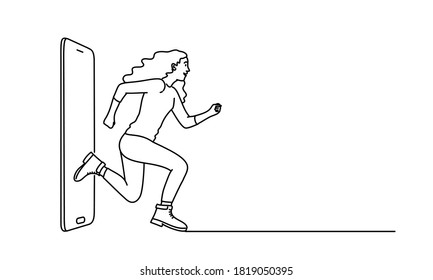 Girl Running Away From A Mobile Phone. Large Amount Of Unnecessary Information. Vector Line.