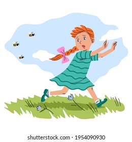 Girl running from bees in summer. Childhood outdoor vector illustration. Little curious scared girl running away in grass with flowers. Hobby and leisure activity outside.
