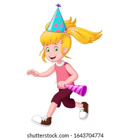 Girl Running With Blue Birthday Hat and Birthday Trumpet Cartoon