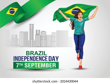 chica corriendo con bandera brasileña. Ilustración vectorial feliz Día de la Independencia de Brasil