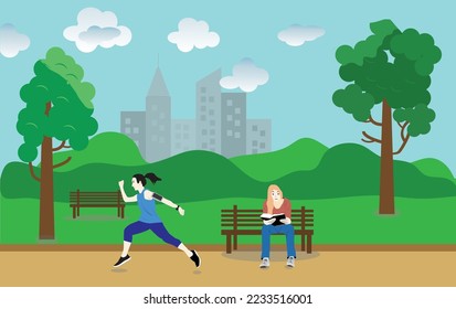 a girl running in a city park, and some are reading a book while enjoying the atmosphere in the park. Against the backdrop of city high-rise buildings. Vector illustration